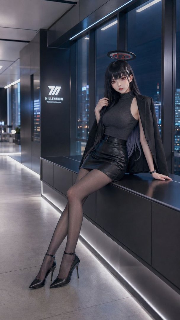 A young woman with long black hair and a halo sits in a modern office setting, wearing a black sleeveless top, a leather skirt, and a blazer.