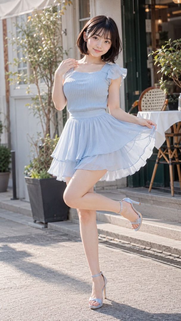 A young East Asian woman with short black hair and bangs, wearing a light blue knit top and a layered chiffon skirt, posing outdoors on a sunny day.