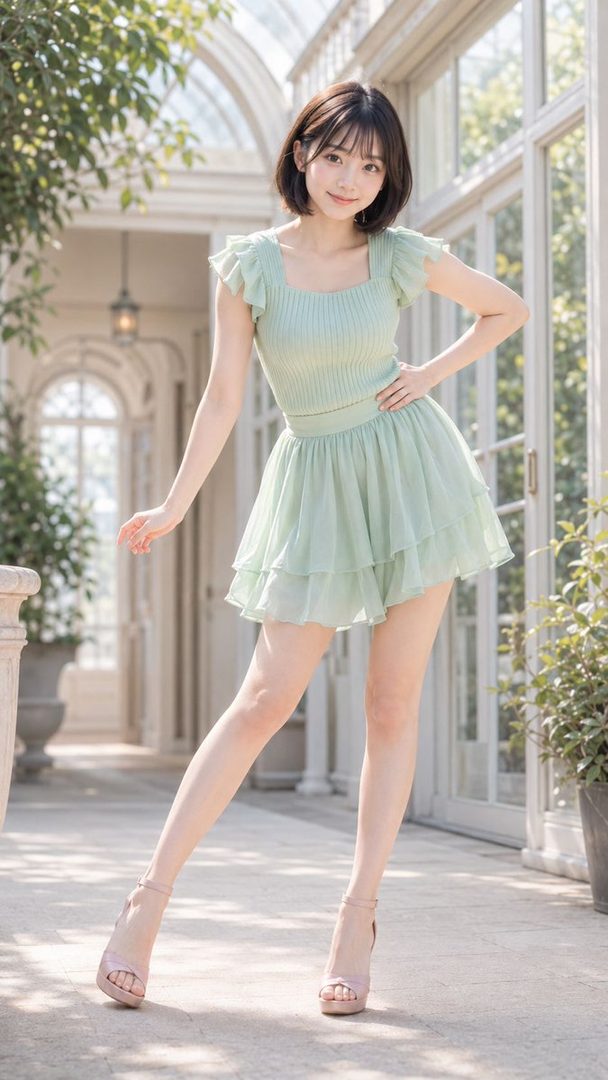 A young East Asian woman with short black hair and bangs, wearing a light green ruffled top and a layered chiffon skirt, poses outdoors in a sunlit walkway with large windows and greenery.