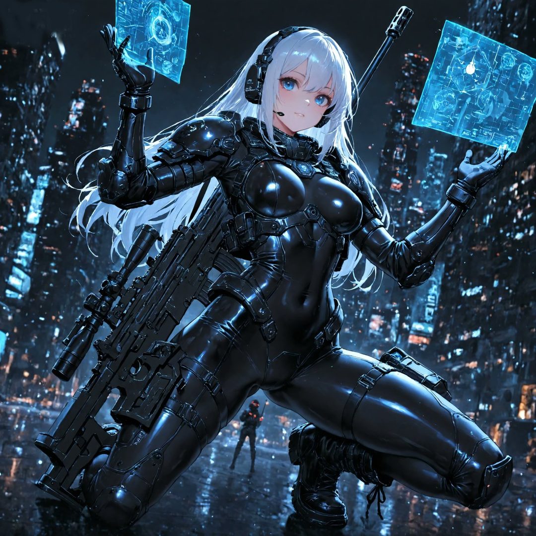 A futuristic female soldier with white hair and blue eyes, wearing a black tactical suit and holding holographic displays, kneels in a rainy city at night with a sniper rifle.