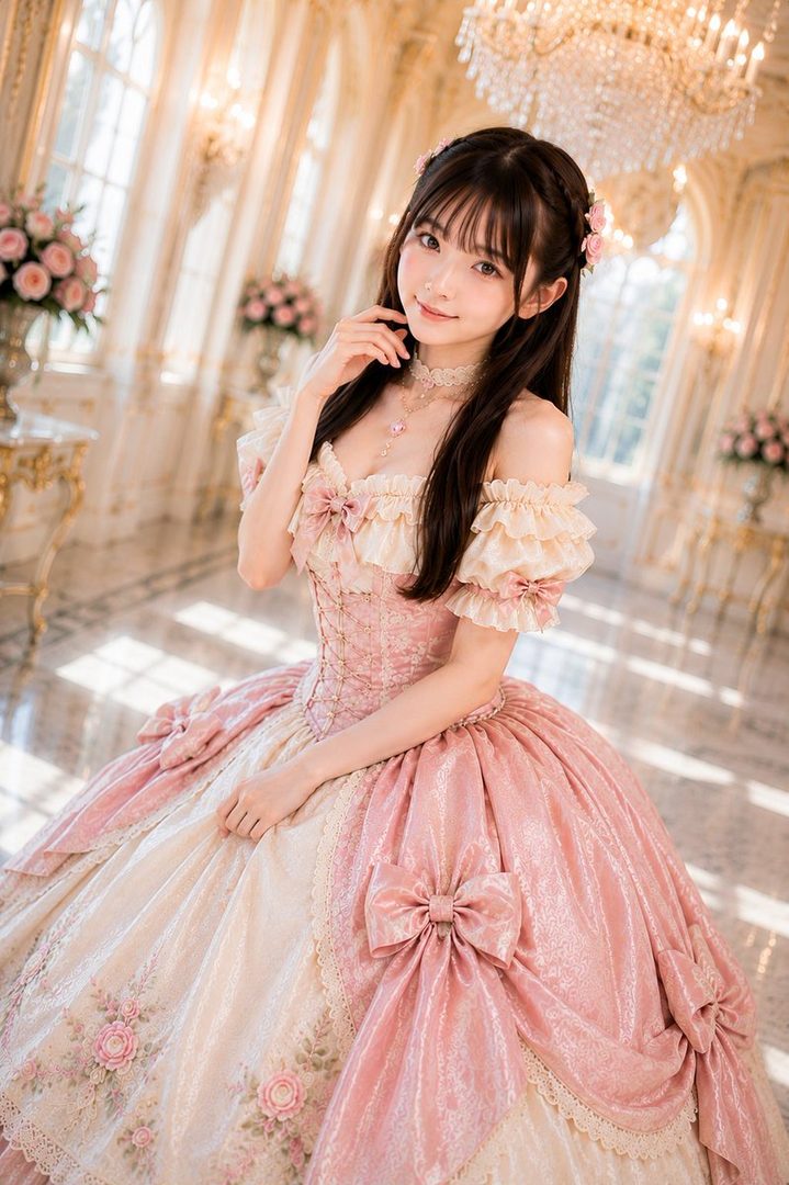A young woman in a pink and cream Rococo-style Lolita dress poses elegantly in a luxurious indoor setting with chandeliers and floral arrangements.