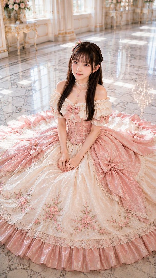 A young woman with long dark hair and bangs, wearing an elaborate pink and cream Rococo-style Lolita dress, sits on a marble floor in a grand indoor hall.