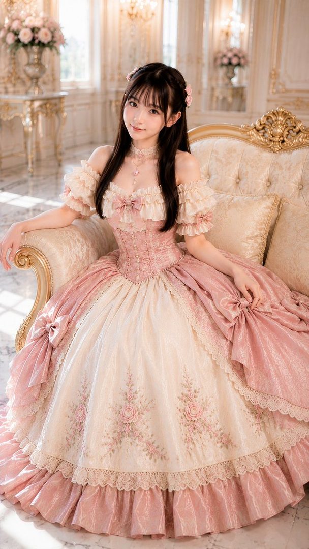 A young woman in a pink and cream Rococo-style Lolita dress sits on a luxurious sofa in an ornate room.