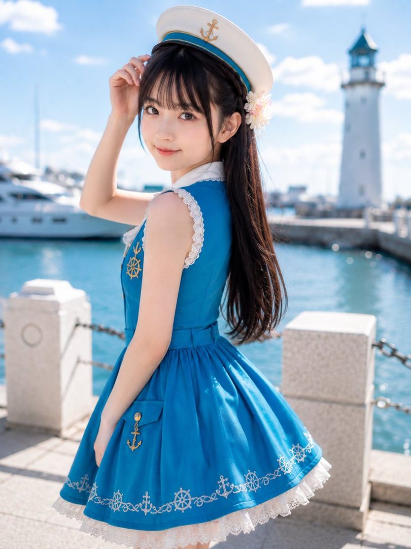 A young woman in a sailor-themed blue dress and hat poses outdoors with a lighthouse and yachts in the background.