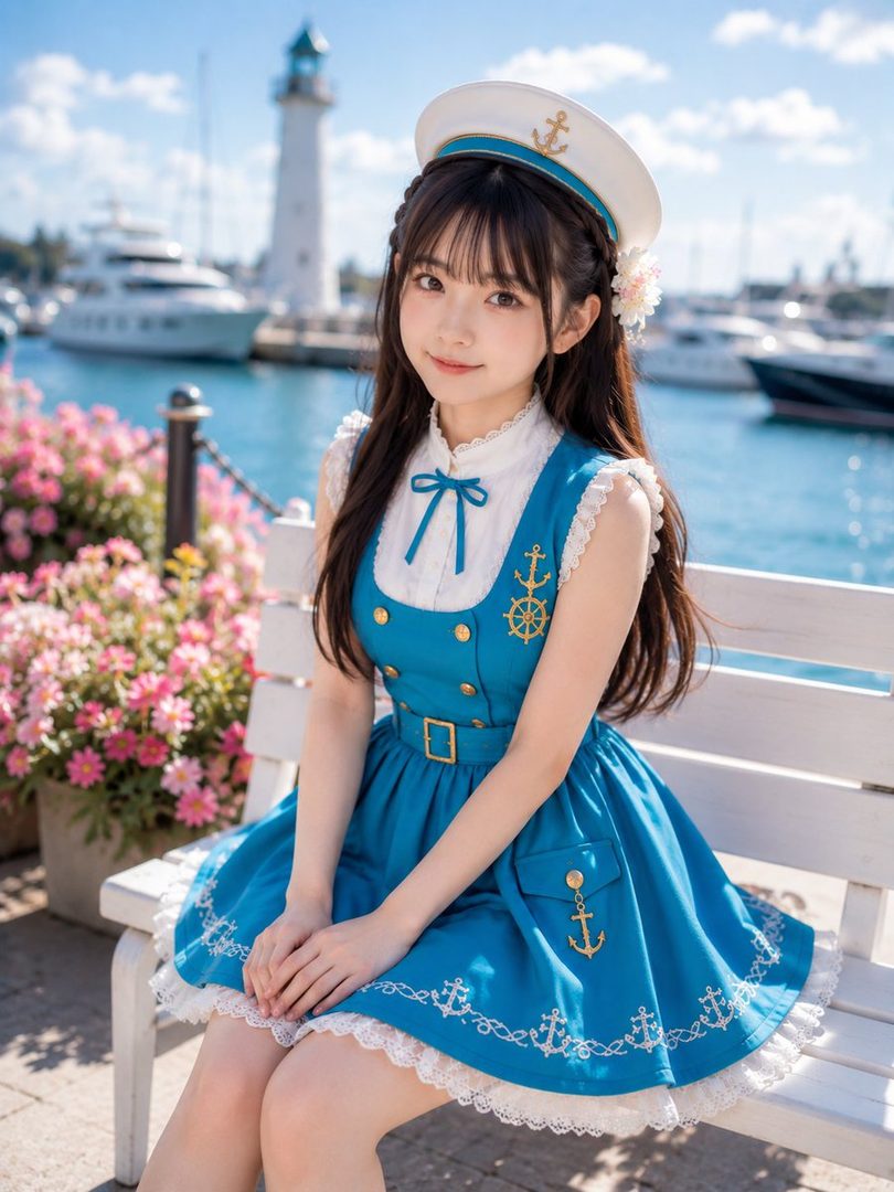A young woman in a sailor-style dress sits on a bench by the sea, with a lighthouse and yachts in the background.