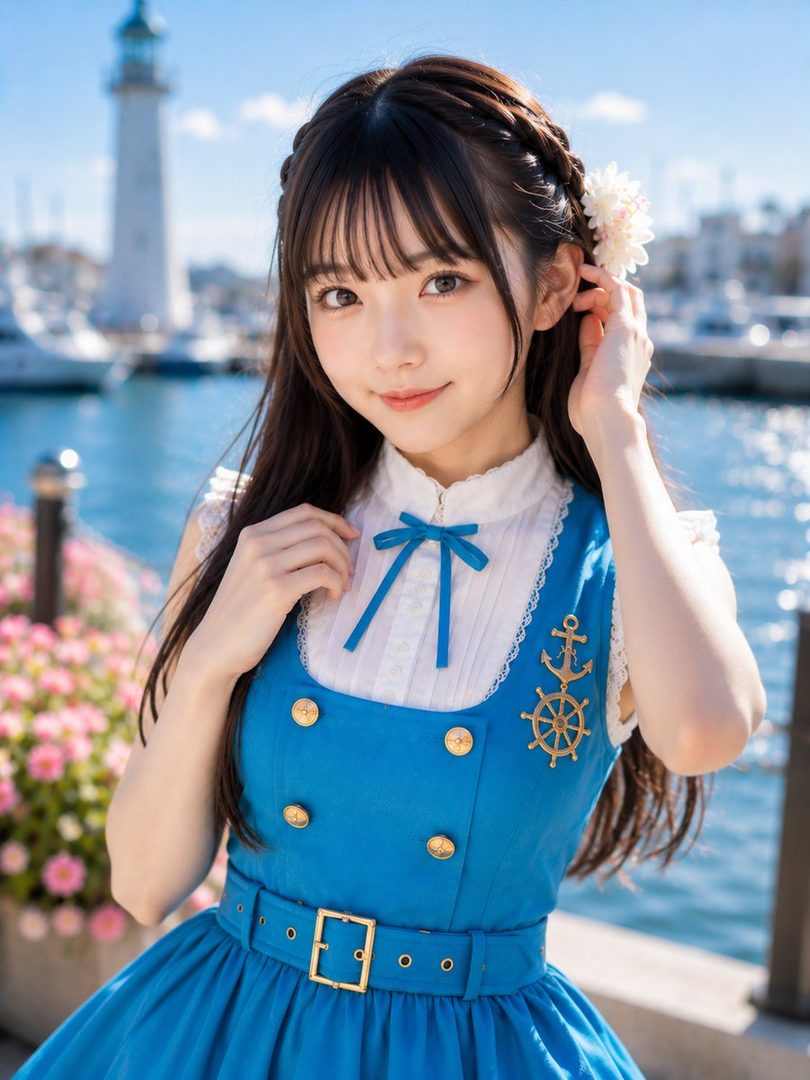 A young East Asian woman with long dark hair styled in braids and bangs, wearing a blue sailor-style dress with gold buttons and a white blouse, poses outdoors by the sea with a lighthouse in the background.