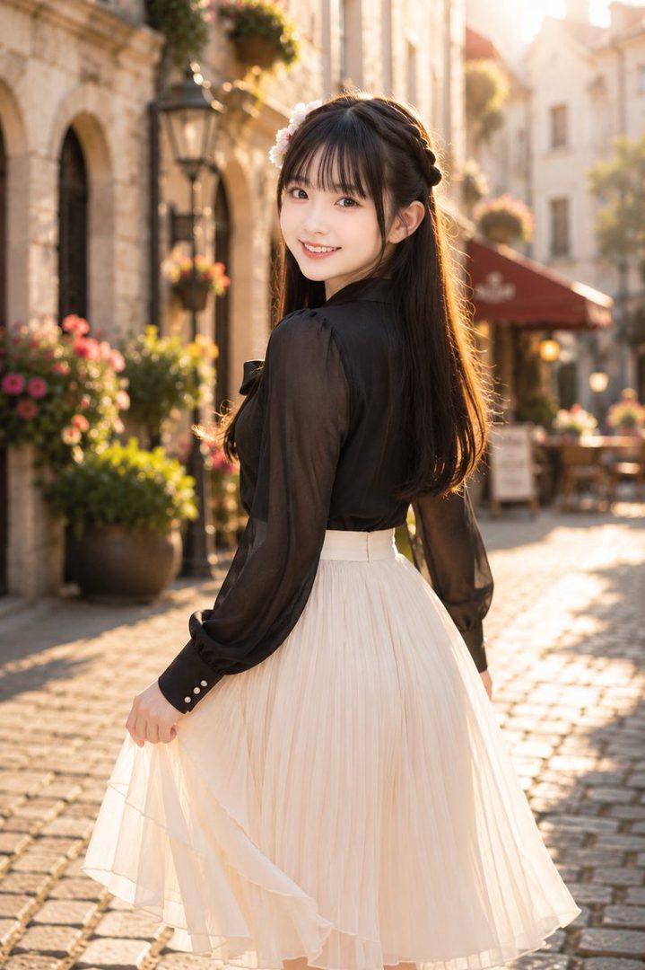 A young East Asian woman with long black hair and bangs, wearing a black sheer blouse and a cream-colored pleated skirt, smiles over her shoulder while walking down a cobblestone street lined with buildings and flowers.