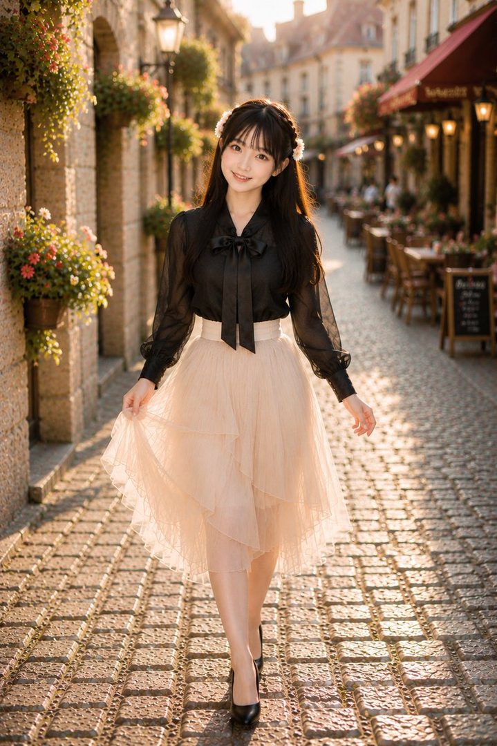 A young Japanese woman with long black hair braided with flowers walks down a cobblestone street in a black blouse and a beige tulle skirt.