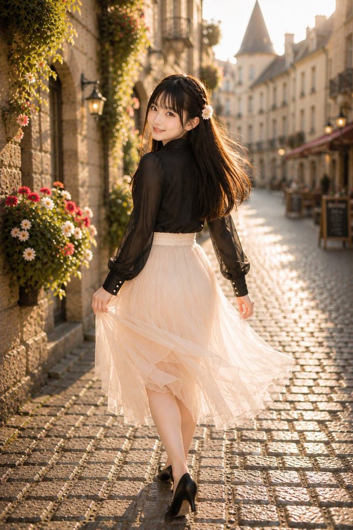 A young woman with long black hair braided on one side, wearing a black sheer blouse and a light pink tulle skirt, walks down a cobblestone street lined with buildings and flowers.