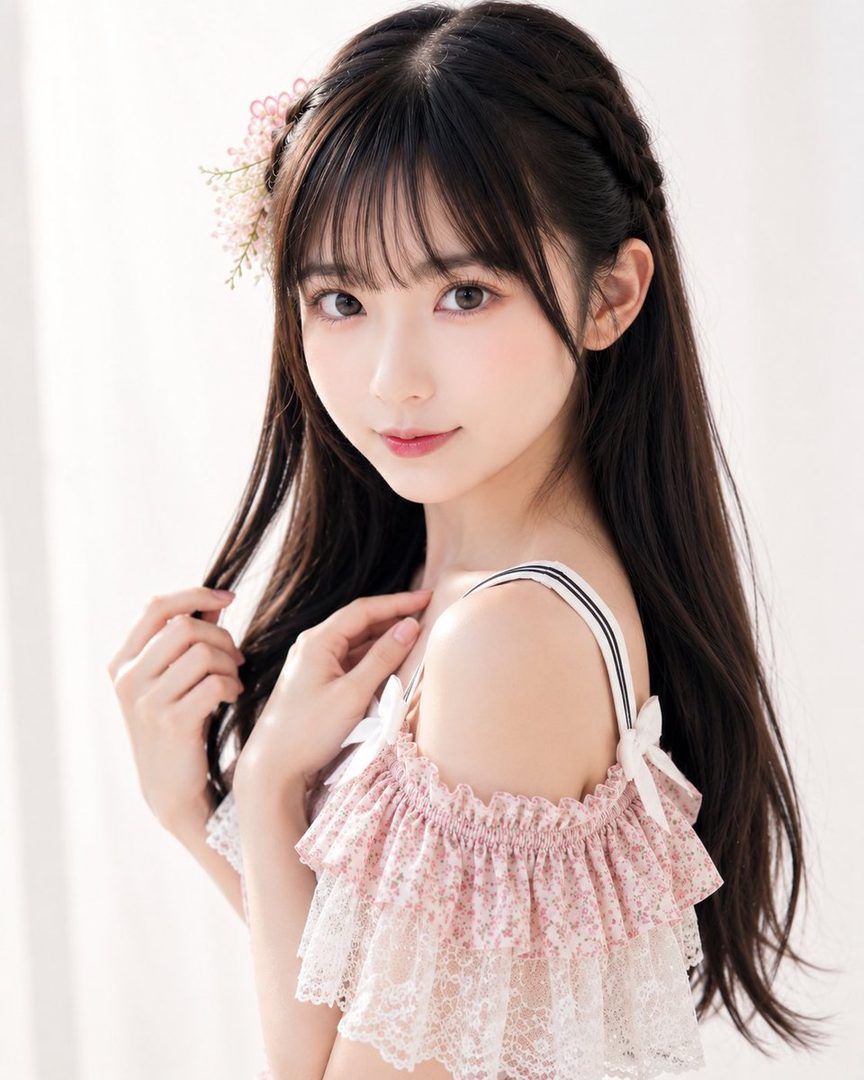 A young woman with long black hair and bangs, wearing a pink floral off-the-shoulder dress with lace trim, poses for a portrait with a flower in her hair.