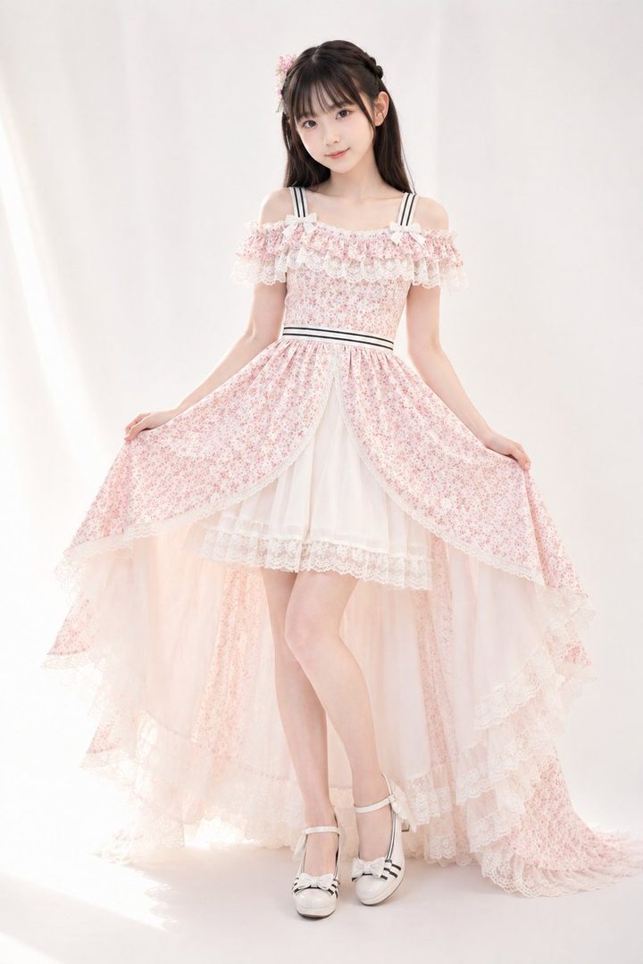 A young woman with long dark hair and bangs, wearing a pink floral off-the-shoulder dress with white lace trim and a high-low hem, posing indoors.