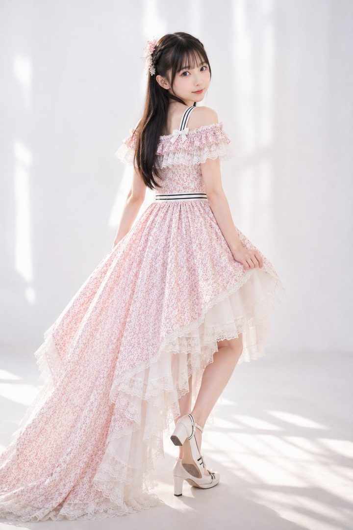 A young woman with long black hair and bangs, wearing a pink floral off-the-shoulder dress with lace trim, poses indoors with a soft, dreamy expression.