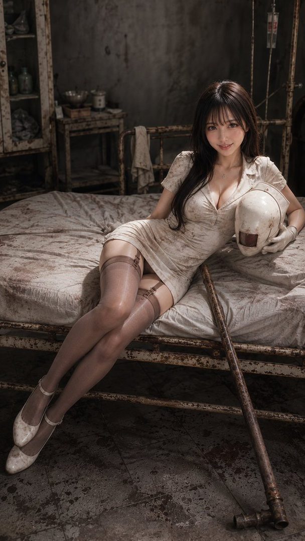 A woman dressed as a nurse from Silent Hill, holding a helmet, posing on a dirty bed in a dimly lit room.