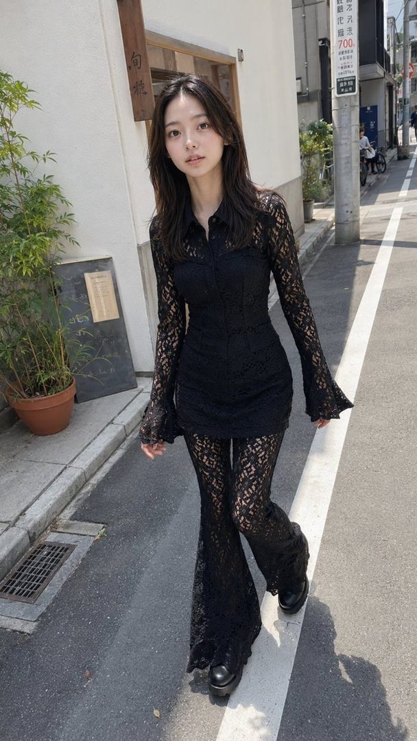A young woman with long dark hair walks down a street in a black lace outfit.