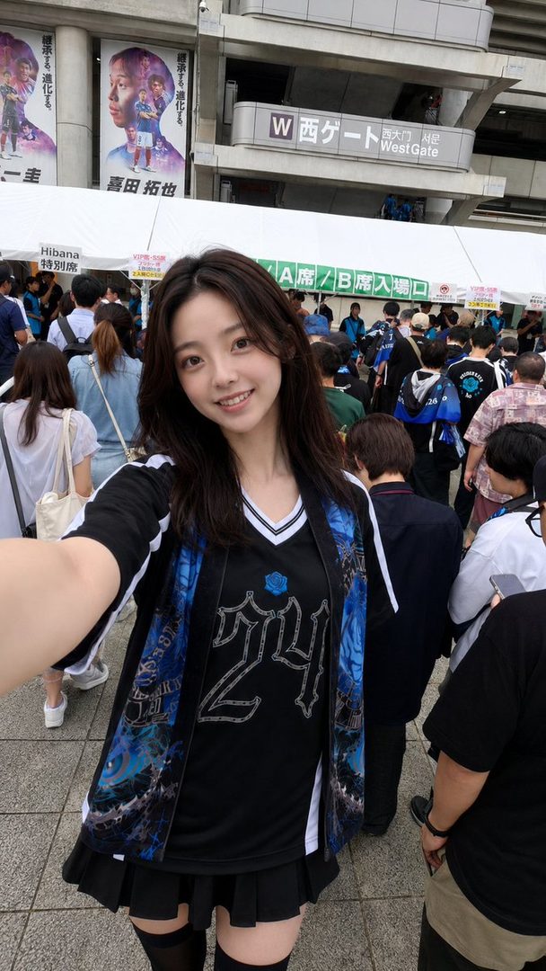 A young East Asian woman with long dark hair smiles at the camera, wearing a black t-shirt, a blue and black jacket, and a short black pleated skirt, standing in a crowd outside a stadium.