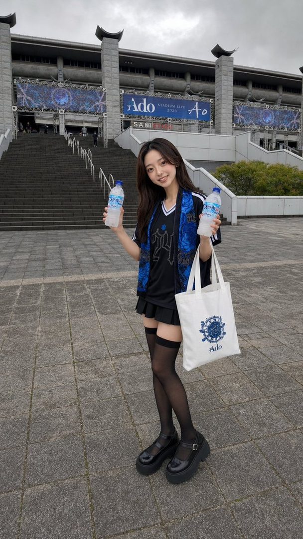 A young woman in a black and blue outfit stands in front of a stadium, holding two bottles of water and a tote bag.