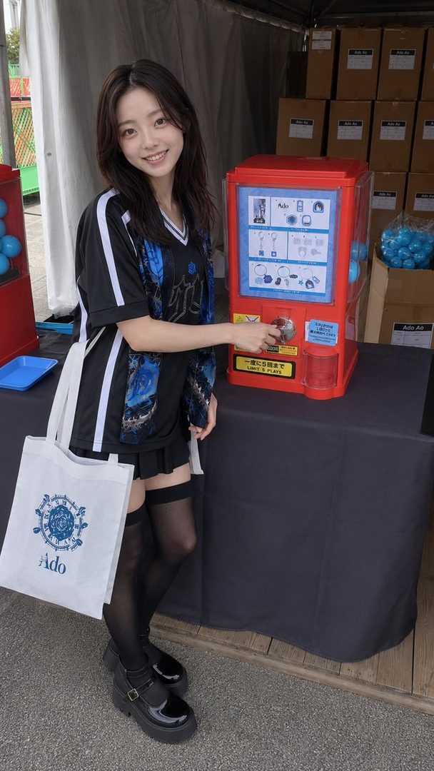A young woman with long dark hair smiles at the camera, standing next to a red gachapon machine and holding a tote bag.