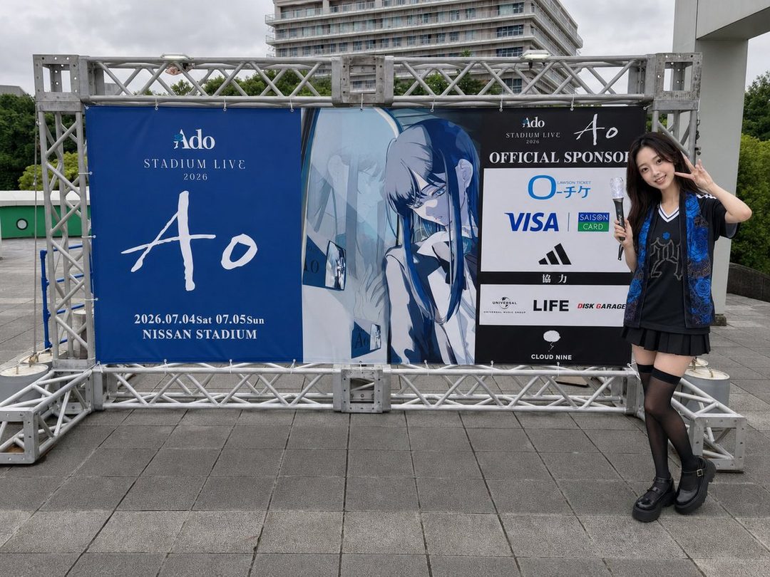 A young woman posing with a peace sign in front of a banner for Ado's STADIUM LIVE 2026 at Nissan Stadium.
