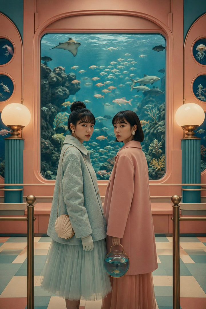 Two young East Asian women in pastel coats stand in front of a large aquarium filled with fish.