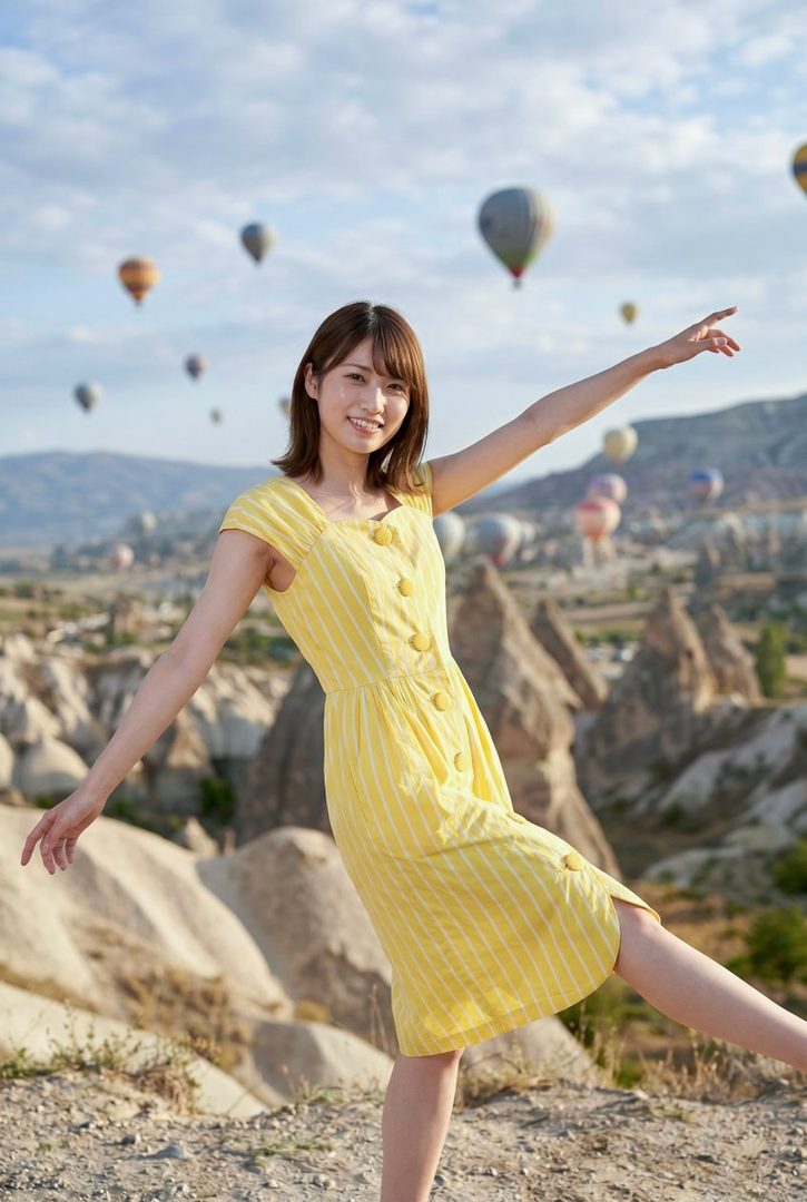 A young woman in a yellow striped dress poses outdoors with hot air balloons in the background.