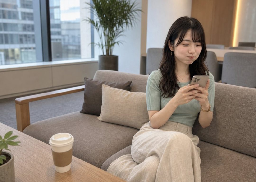 A young woman with long dark hair sits on a sofa in an office lounge, looking at her phone.