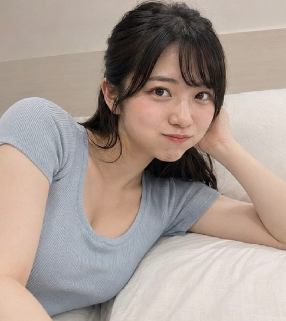 A young East Asian woman with long black hair, wearing a light blue ribbed t-shirt, poses indoors with a relaxed expression.