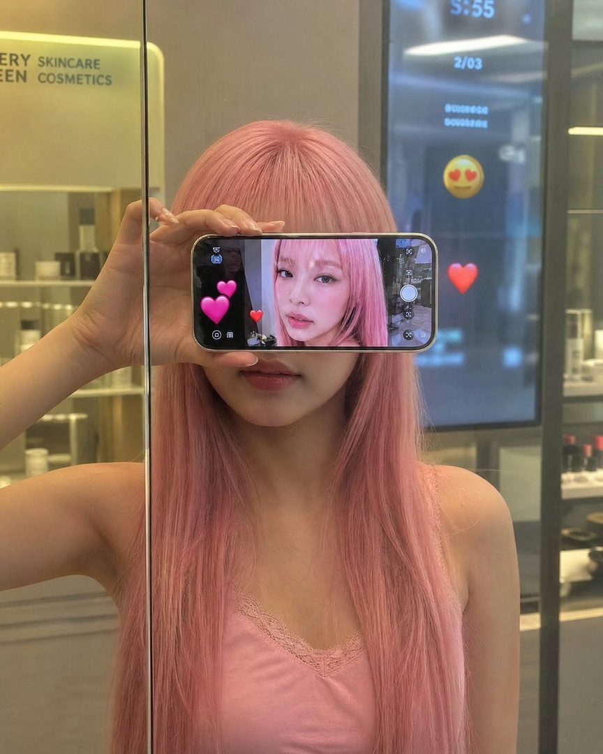 A woman with long pink hair holds a smartphone horizontally, covering her eyes, displaying a selfie with social media elements on the screen.