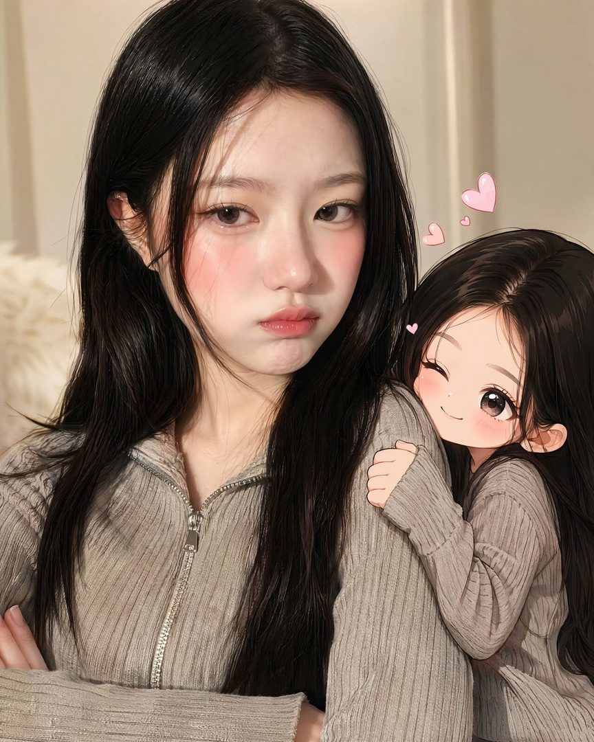 A realistic portrait of a young woman with long black hair, pouting slightly, next to a smaller 2D anime version of herself hugging her arm affectionately.