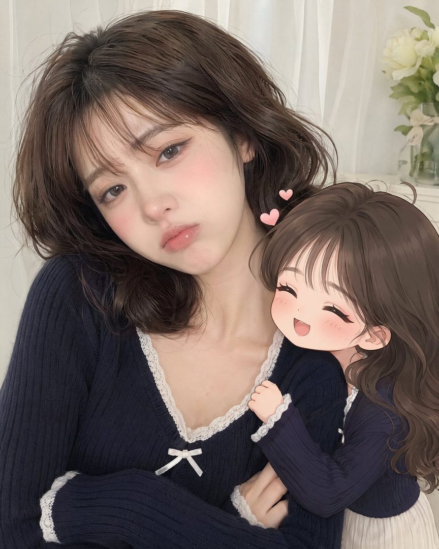 A realistic woman with a pouty expression is embraced by a cute 2D anime version of herself, with pink hearts floating between them.