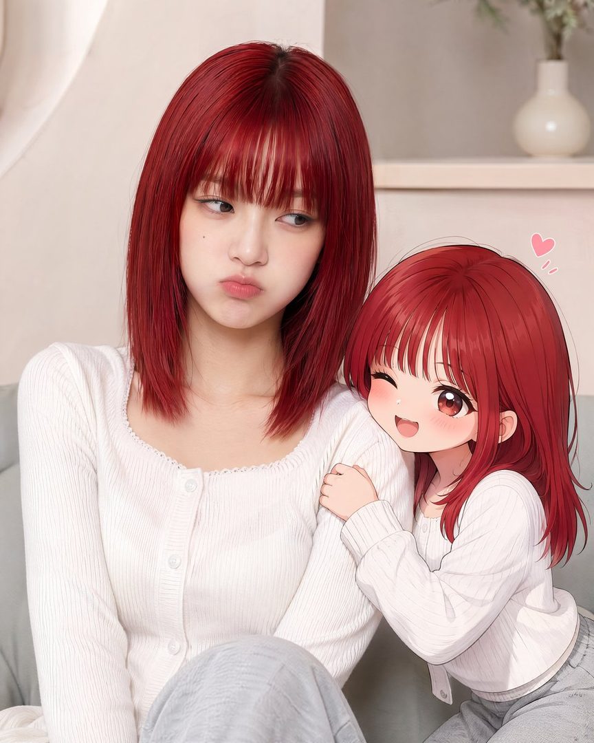 A photorealistic woman with red hair and bangs pouts while an anime version of her, also with red hair, hugs her arm and winks.