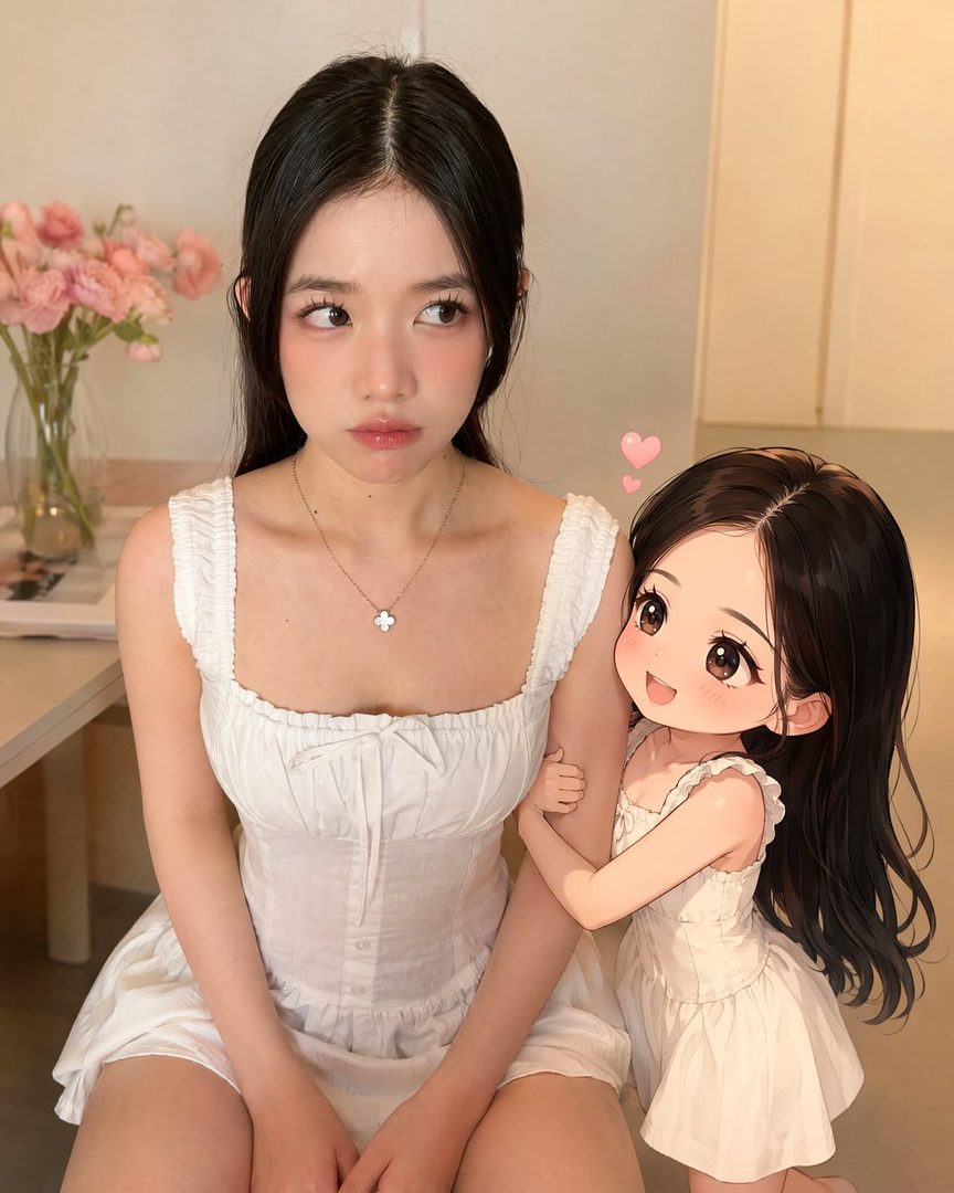 A photorealistic portrait of a young Korean woman with a pouty expression, standing next to a smaller, cute 2D anime version of herself who is hugging her arm affectionately.