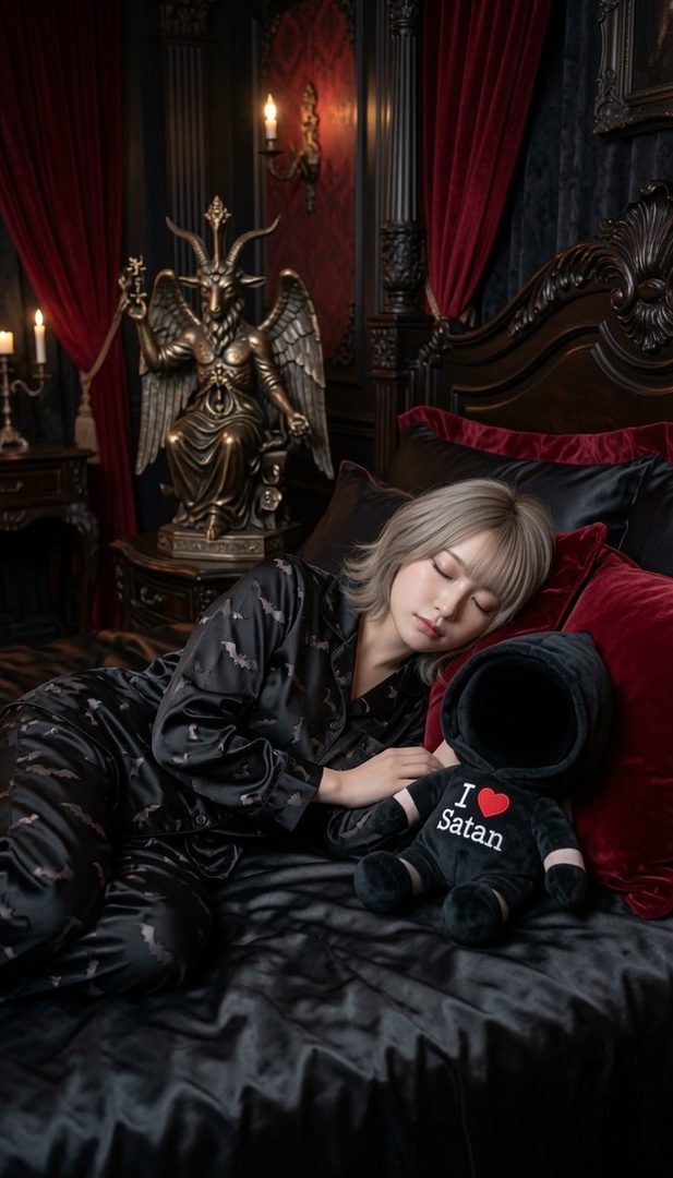 A young woman with short, silver hair sleeps peacefully in a dark, gothic-themed bedroom, wearing black pajamas with a bat pattern. A plush toy with 'I love Satan' written on it rests beside her.