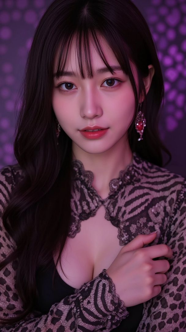 A beautiful East Asian woman with long black hair and bangs, wearing a leopard print top and a black inner shirt, posing indoors with a seductive expression.