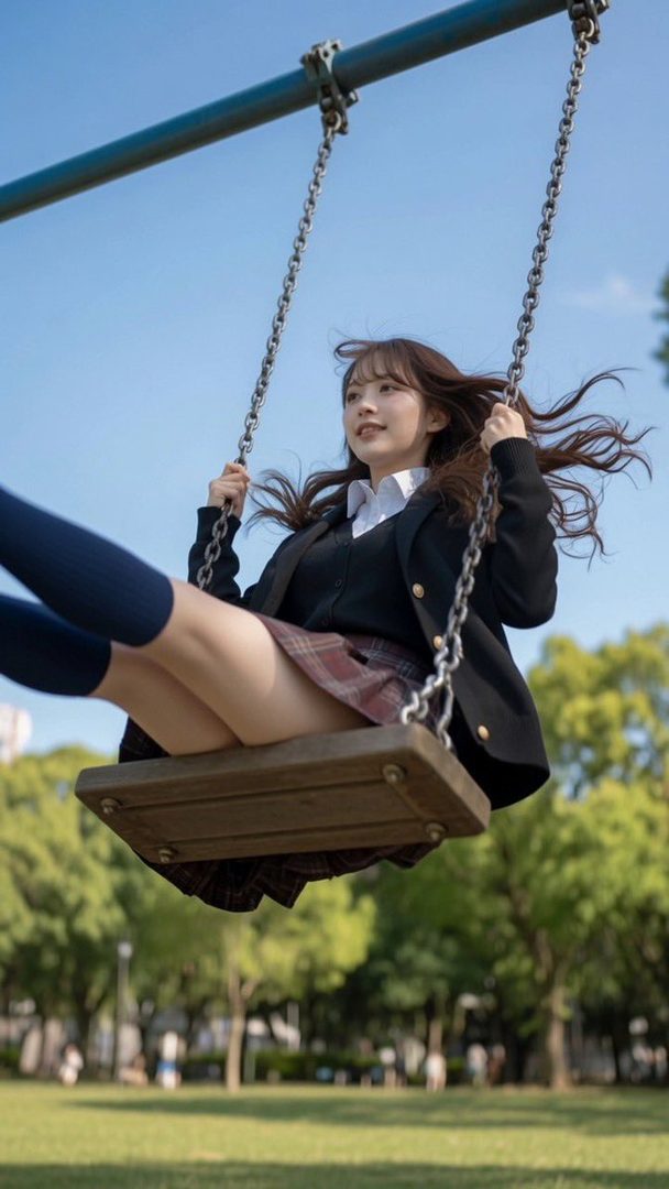 A young woman in a school uniform is swinging on a swing set in a park on a sunny day.