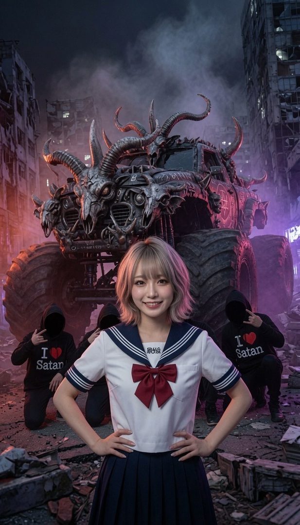 A young woman in a Japanese school uniform poses in front of a demonic monster truck in a post-apocalyptic city setting, with hooded figures in the background.