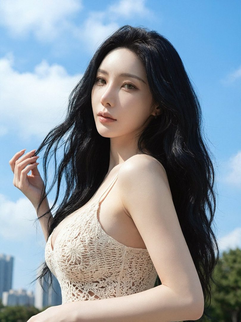 A beautiful East Asian woman with long black hair, wearing a cream-colored crochet top, poses outdoors against a blue sky with clouds.