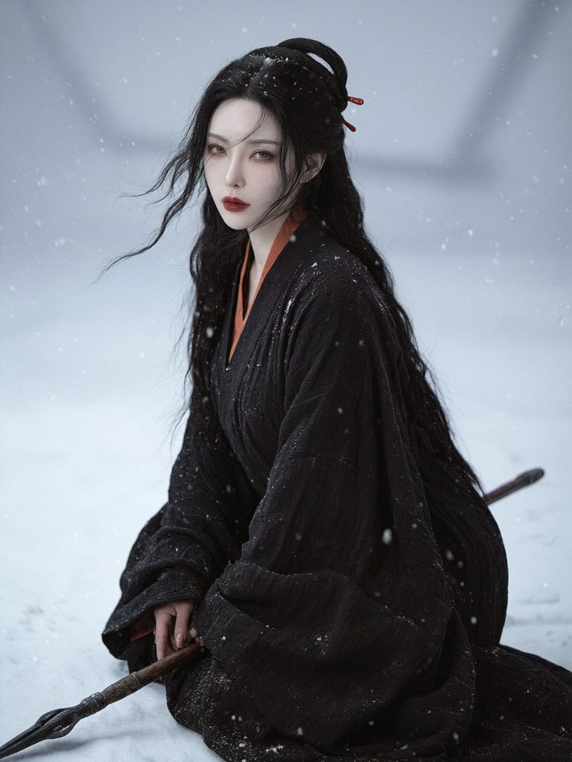 A woman with long black hair and traditional dark clothing sits in the snow, holding a staff.