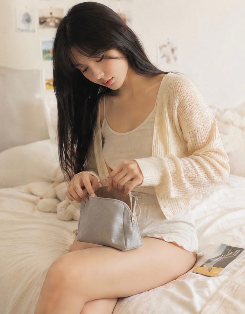 A young woman with long black hair sits on a bed, looking down as she opens a small makeup bag. She wears a light-colored camisole and a knitted cardigan.