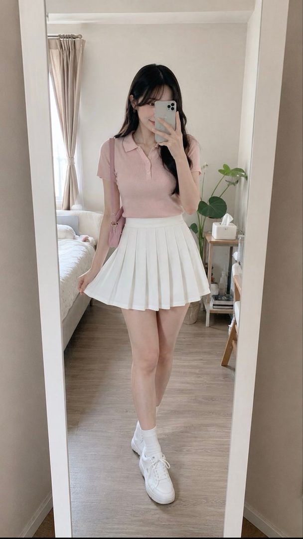 A young woman with long black hair takes a mirror selfie in a pink polo shirt and a white pleated skirt, wearing white sneakers and socks.