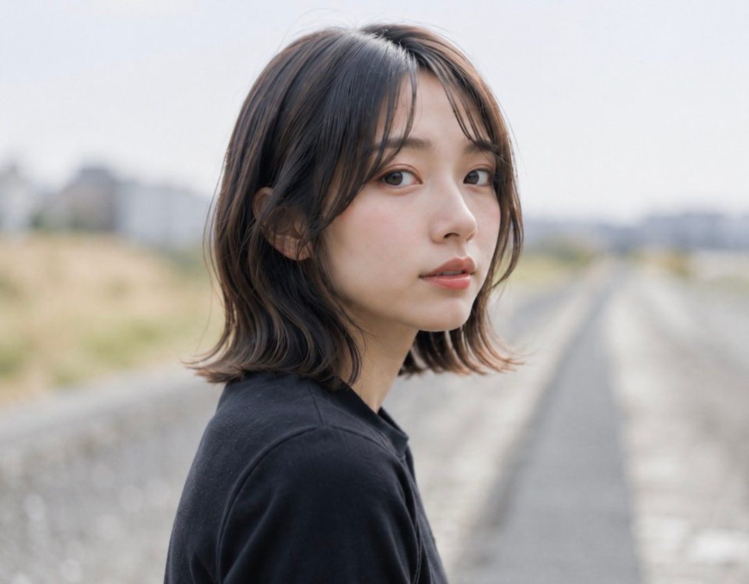 A young Japanese woman with short, wavy brown hair and bangs, wearing a black top, looks thoughtfully into the distance outdoors.