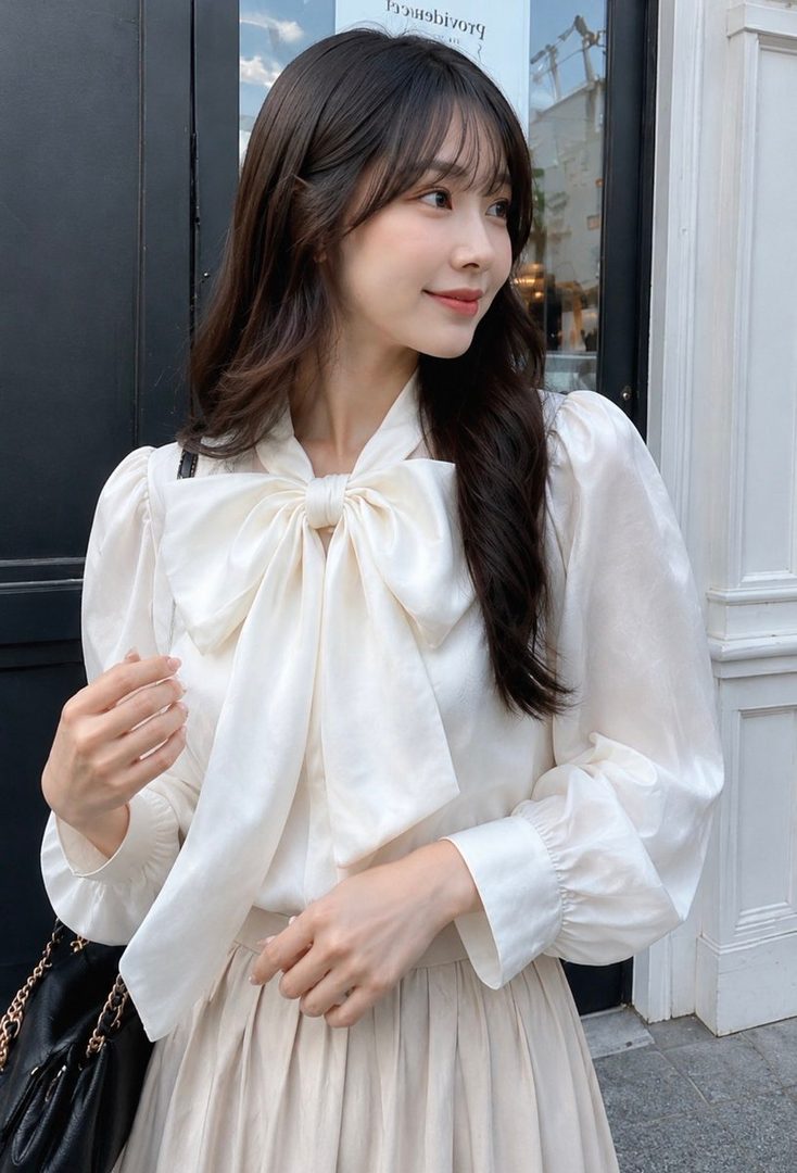 A young East Asian woman with long dark hair and bangs, wearing a white blouse with a large bow and a beige pleated skirt, posing outdoors.