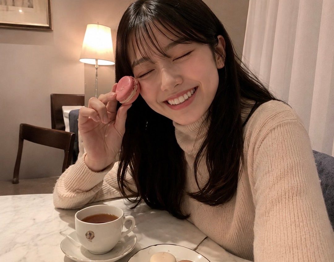 A young woman with long black hair and bangs, wearing a cream turtleneck sweater, smiles with her eyes closed while holding a pink macaron. A cup of tea sits on the table in front of her.