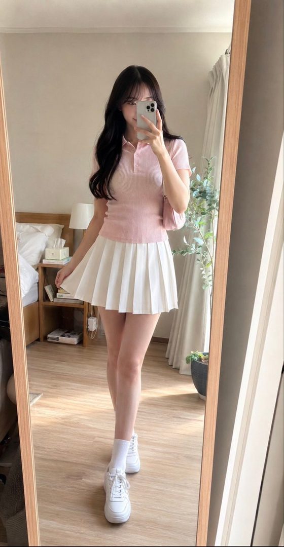 A young woman in a pink polo shirt and white pleated skirt takes a mirror selfie in her bedroom.