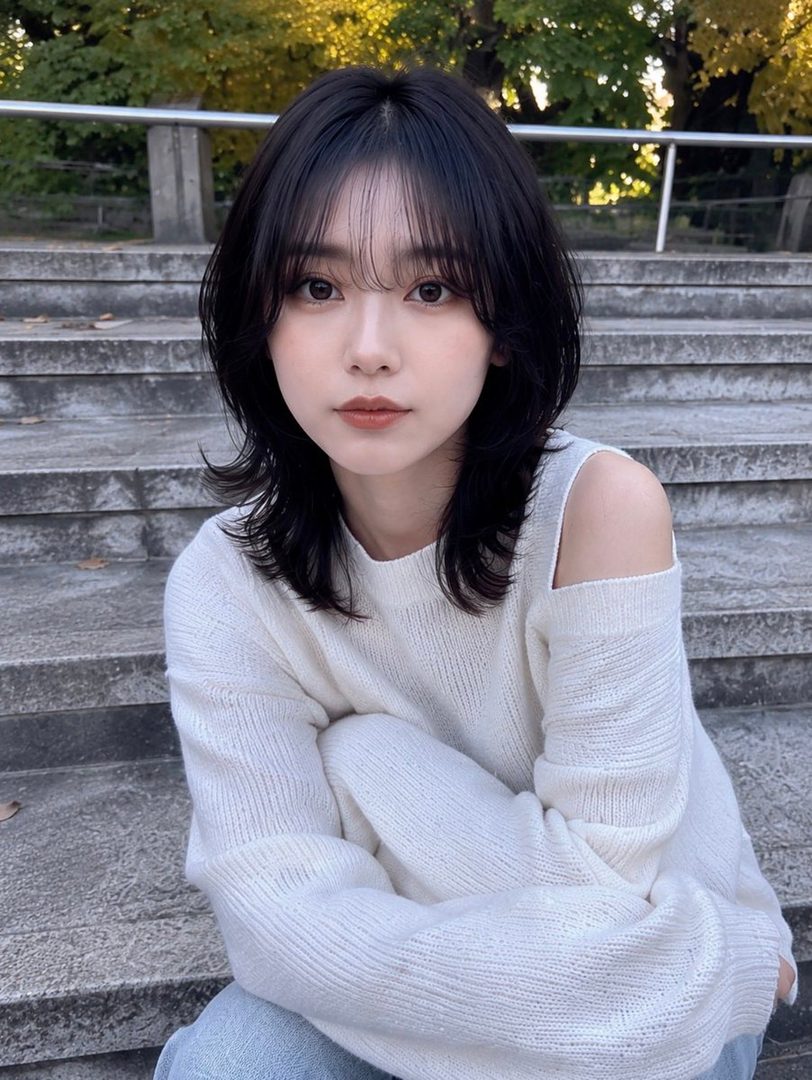 A young East Asian woman with black hair and bangs, wearing a white sweater, sits on outdoor stairs.