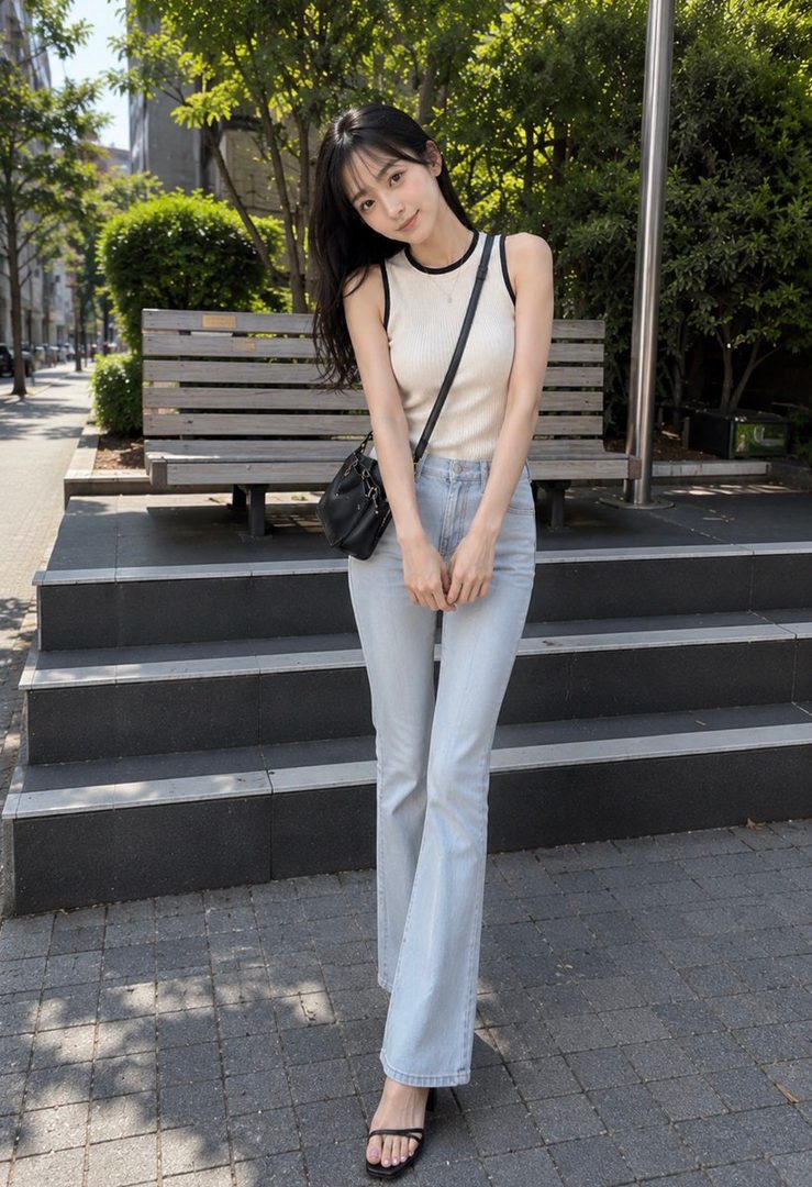 A young East Asian woman with long black hair stands outdoors in a casual outfit of a ribbed tank top and flared jeans, posing with her hands clasped in front of her.
