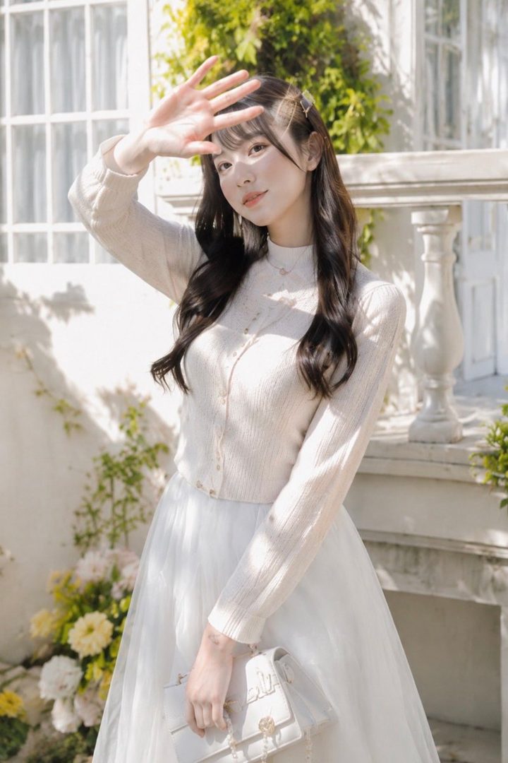 A young East Asian woman with long dark hair and bangs, wearing a cream-colored cardigan and a white tulle skirt, holds a white handbag and poses outdoors with her hand shielding her eyes from the sun.
