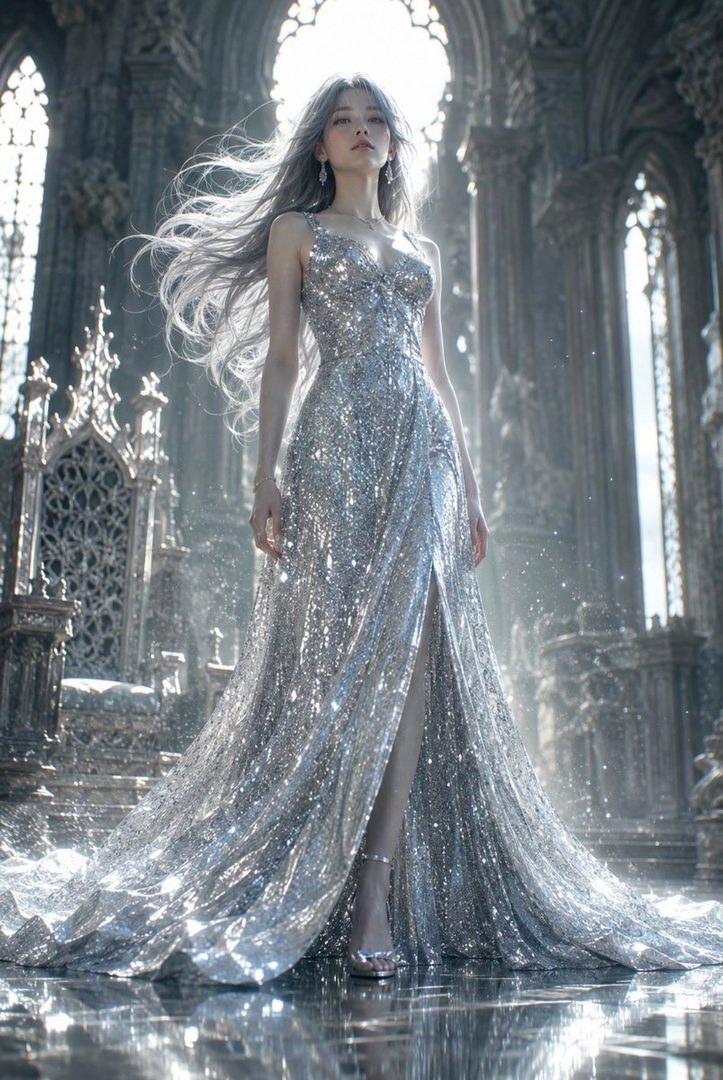 A woman with long silver hair in a sparkling silver dress stands in a grand, gothic-inspired hall.