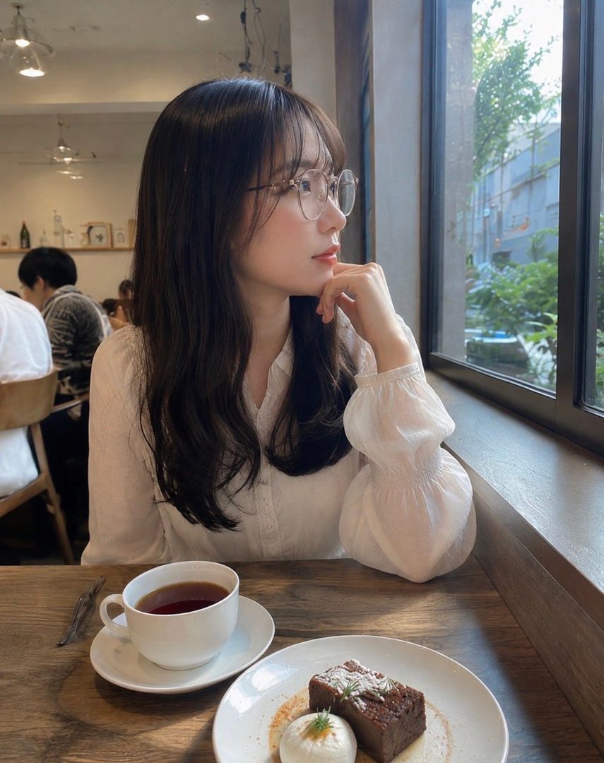 A young East Asian woman with long black hair and glasses sits at a cafe table, looking out the window with a thoughtful expression, a cup of tea and a dessert in front of her.