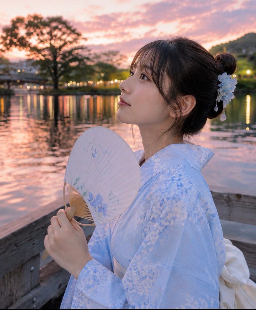 A young Japanese woman in a light blue floral kimono holds a traditional fan, looking thoughtfully into the distance during a golden hour sunset by a tranquil lake.
