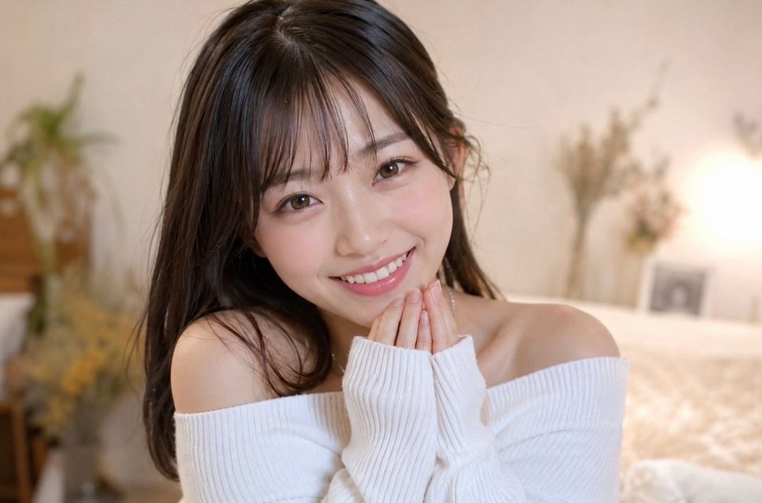 A young Japanese woman with long dark hair and bangs smiles warmly, her hands clasped in front of her chin, wearing an off-the-shoulder white sweater indoors.